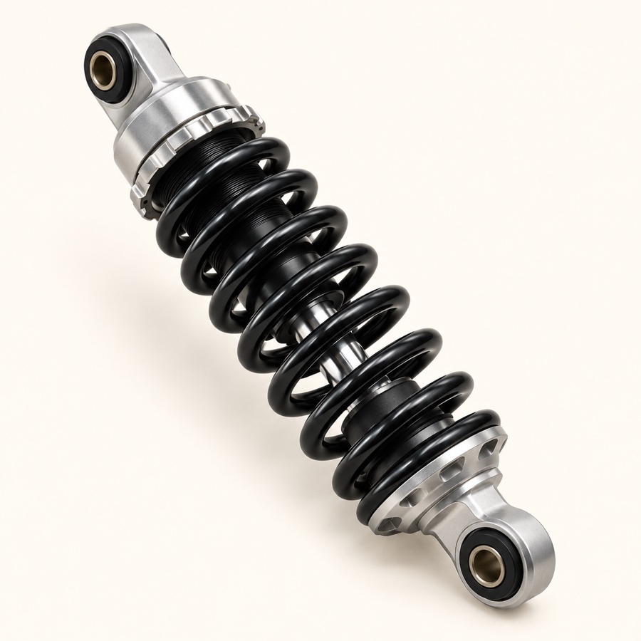 Illustrative studio image of a motorcycle rear shock absorber
